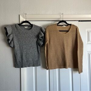 Club Monaco Gray Ruffle Wool Sweater and Tan Mohair Blend Knit Sweater Duo
